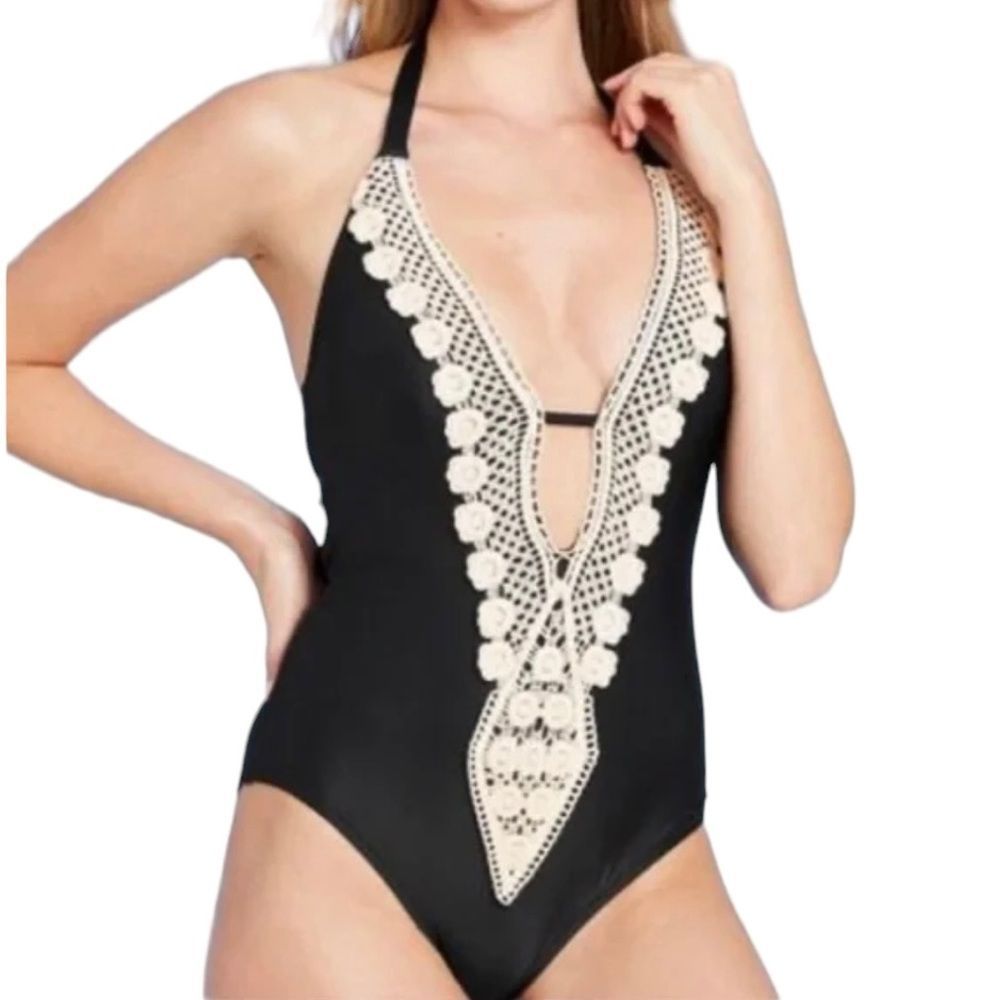 Crochet Trim Black Halter One Piece Figure Flattering Swimsuit Kona Sol Large